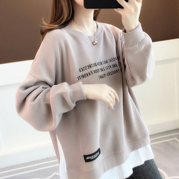

2021 new cotton spring autumn sweater womens clothing large loose korean version fashion fake two foreign style fashion, Black