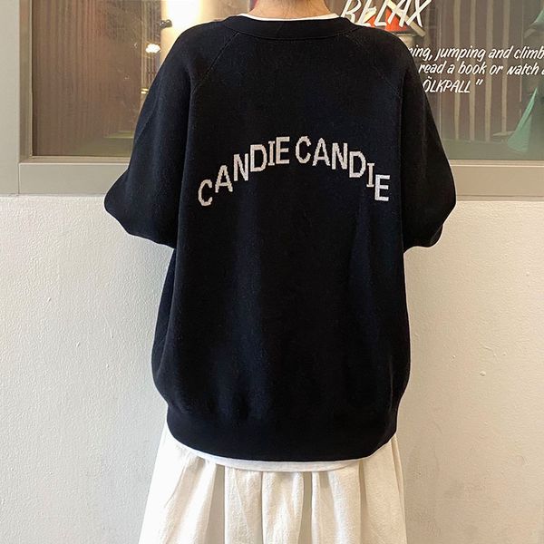 

3 colors spring and autumn korean style loose v neck letter knittd cardigans womens sweaters cardigans (x1683) 210508, White