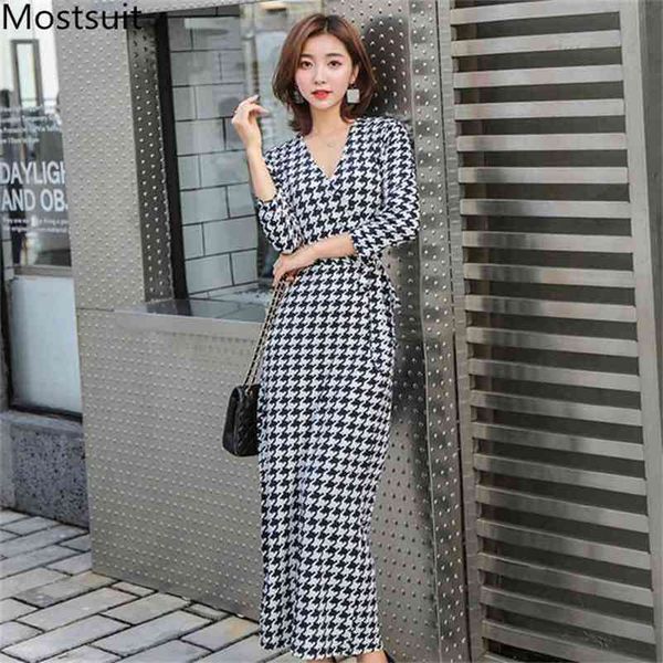 

houndstooth v-neck long maxi dress women 3/4 sleeve belted a-line dresses fashion korean party vintage vestidos femme 210513, Black;gray