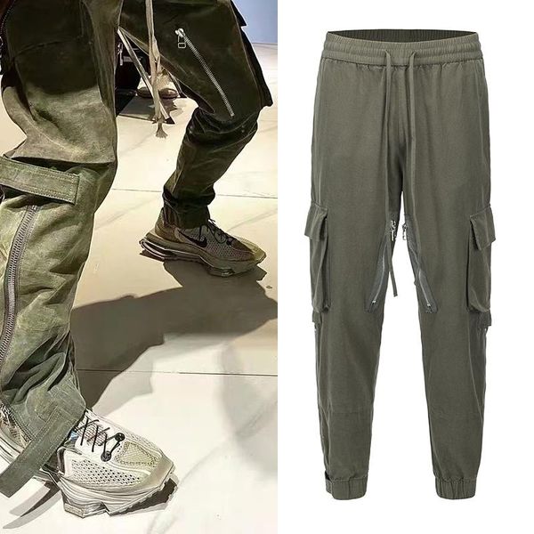 

men's pants multi-pockets drawstring green ankle zipper cargo for mens and womens vibe straight baggy oversize casual trousers, Black