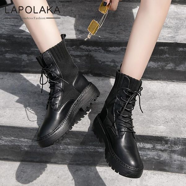 

boots lapolaka 2021 fashion wholesale comfy chunky heels skidproof women shoes lace-up med cross-tied lady ankle boot ladies shoe, Black