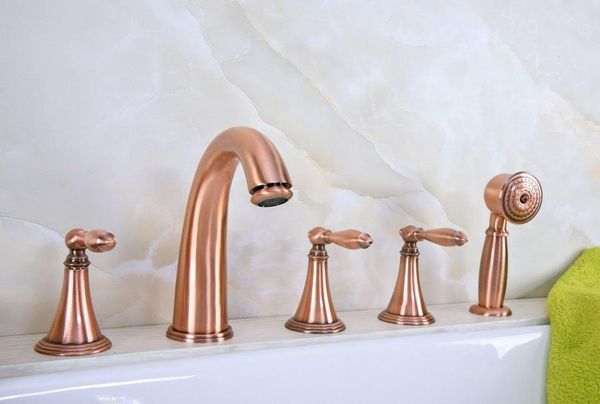

bathroom sink faucets antique red copper brass deck 5 holes bathtub mixer faucet handheld shower widespread set basin water tap atf202