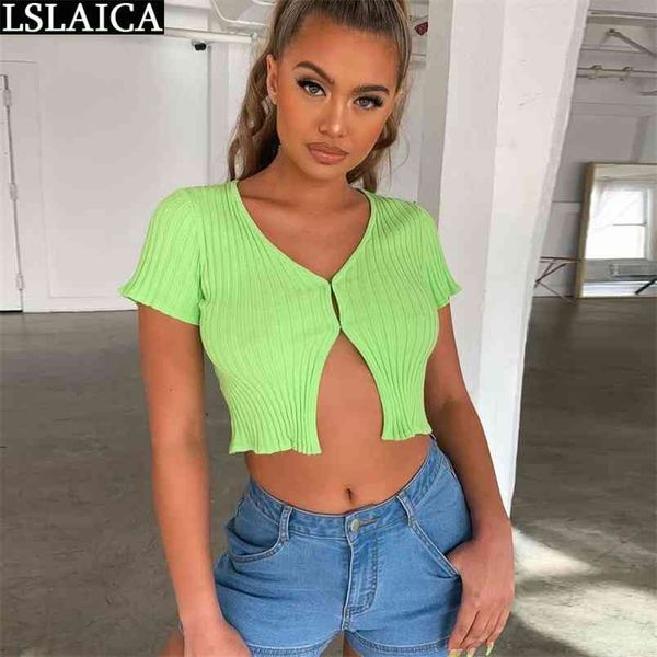 

women t-shirt green short sleeve knitted slim shirts navel striped clothing casual elegant female 210515, White
