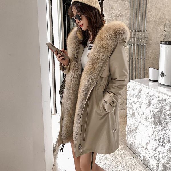 

women's fur & faux oftbuy 2021 real coat winter jacket women natural collar trim hood rex lining detachable thick warm, Black