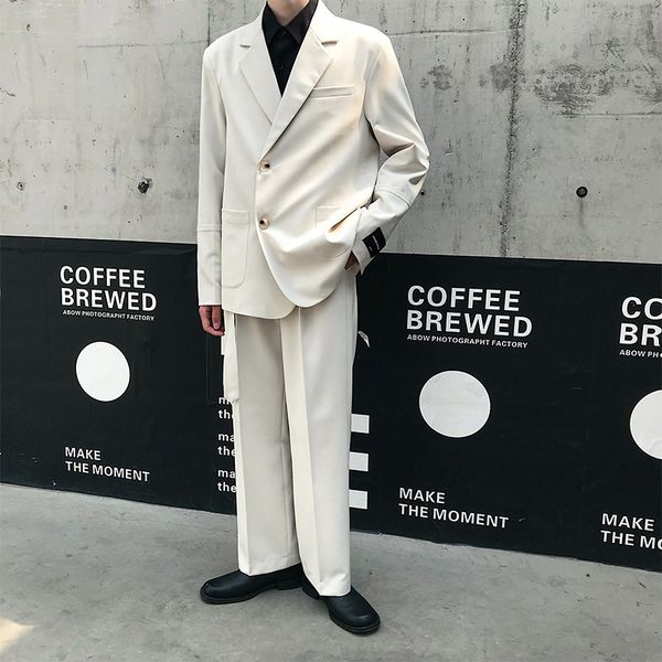

men's suits & blazers men 2pcs sets (jacket+pant) male vintage streetwear hip hop loose business casual suit coat blazer straight belt, White;black