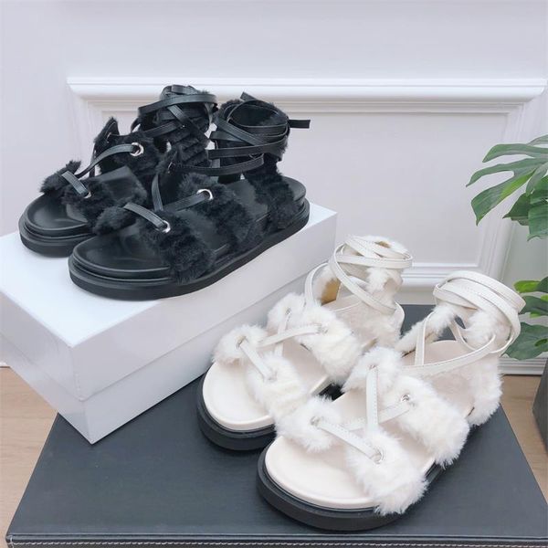 

sandals wool women 2021 ankle strap sandalias summer flats shoes leather zapatillas mujer luxury chaussure femme, Black