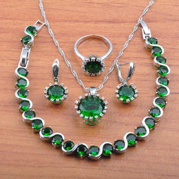 

earrings & necklace round natural stones green jewelry sets silver plated trendy accessories dangle and bracelet js0529