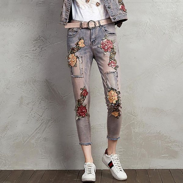 

stretch skinny jeans 3d flower sequins beading trousers fashion 2021 female embroidered for girls women women's, Blue