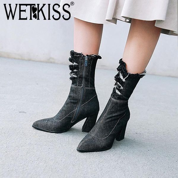 

boots wetkiss denim thick high heels women holed ankle boot 2021 pointed toe lady shoes ripped autumn short plush footwear, Black