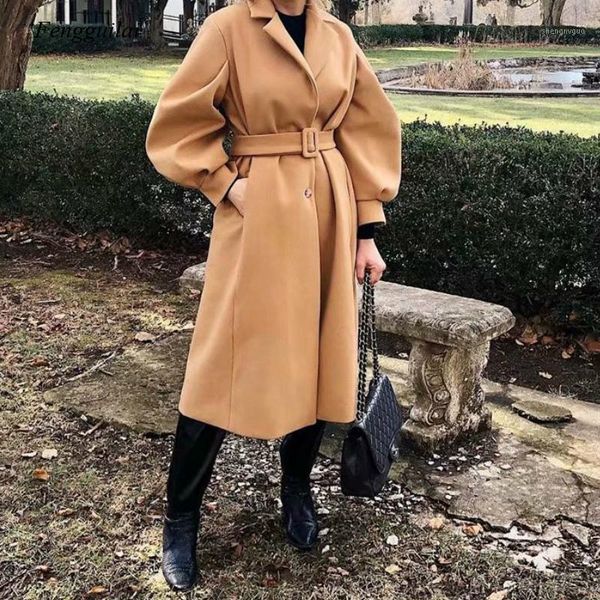 

women's wool & blends 2021 autumn and winter windbreaker waist long warm jacket fashion ladies large size high quality, Black