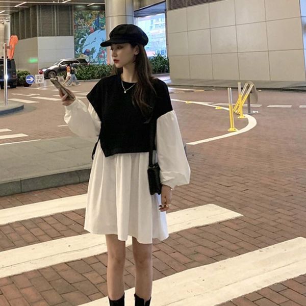 

casual dresses aiiou women slim dress french stitching fake 2 pieces puff sleeve 2021 fashionable elegant slimming princess, Black;gray