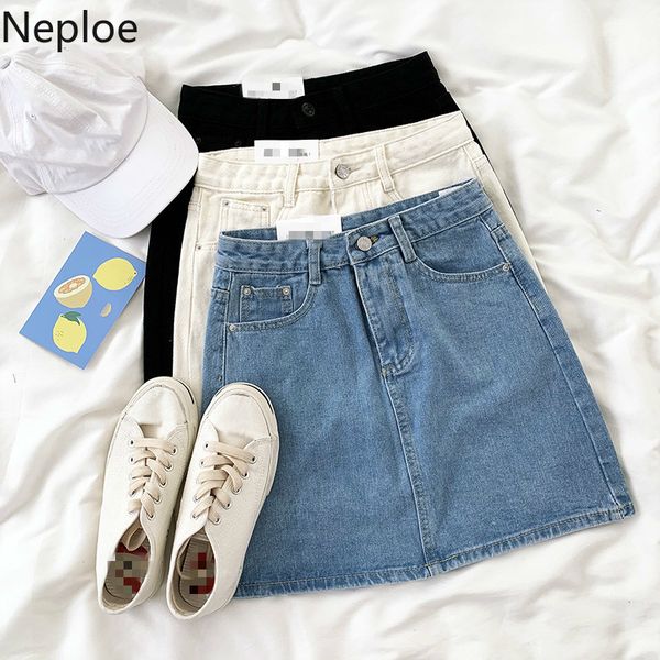 

neploe denim skirts women vintage zipper fly button jupe femme summer new loose casual high waist a line skirts 1d271 210423, Black