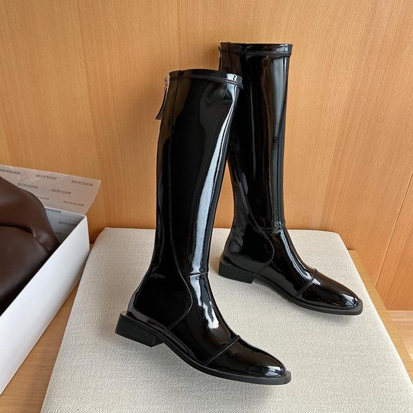 

boots women genuine leather knee high flat heel winter fashion casual woman long footwear, Black