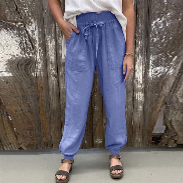 

women's pants & capris 2021 spring summer elegant elastic waist lace-up female pocket long 3xl women casual solid loose-fitting trouser, Black;white