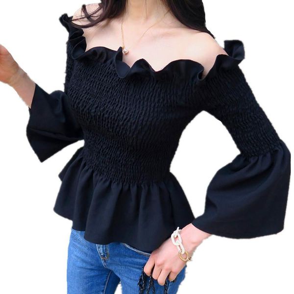 

women's t-shirt summer women off shoulder tee shirt ruffles neck office ladies flare sleeve short stretch tshirt top, White