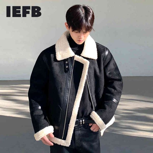 IEFB masculino outono inverno cor bloco retalhos de algodão preto acolchoado jaquetas coreano camurça solta grosso peles casaco de cordeiro 9y4768 210524