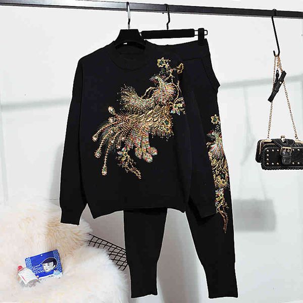 

women's two piece pants fashion manual beading embroidery phoenix knitted tracksuit set women black pullover sweater long outfits, White