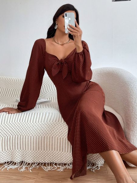 

polka dot print knot front lantern sleeve dress m50a#, Black;gray