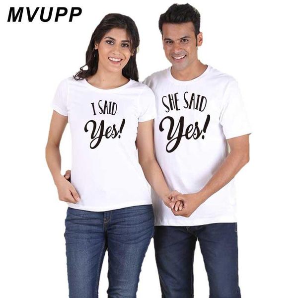 

women's t-shirt said yes letter couple t shirt for lovers husband and wife women men tee o neck ulzzang she he boyfriend family clothe, White