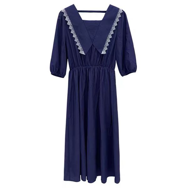 Damen Marineblau V-Ausschnitt Halbarm Solid Empire Midi Langes Kleid Junger Stil Sommer D2471 210514