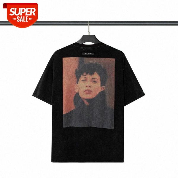

fog washing and distressing retro portrait pattern round neck pullover short sleeve batch #xf57, White;black