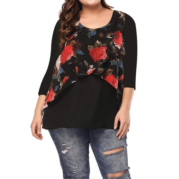 

plus size t-shirt summer women lace floral print loose fashion pullover ladies baggy 3/4 sleeve female clothing, Black