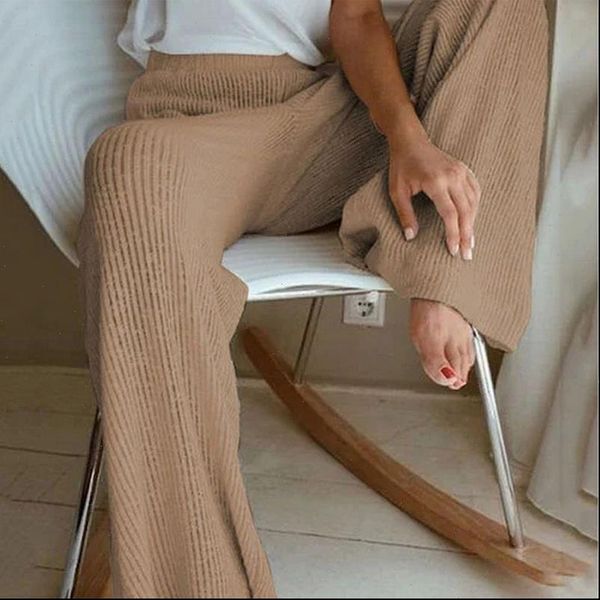 

womens pant women wide leg pants autumn winter elastic waist pleated knitted female loose high casual trousers homewear, Black;white