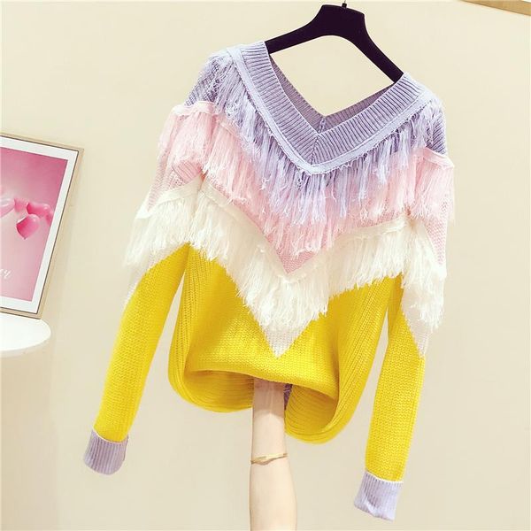 

women's sweaters 2021 autumn winter women pullovers loose color block v neck tassel all-match knitted shirt casual female, White;black