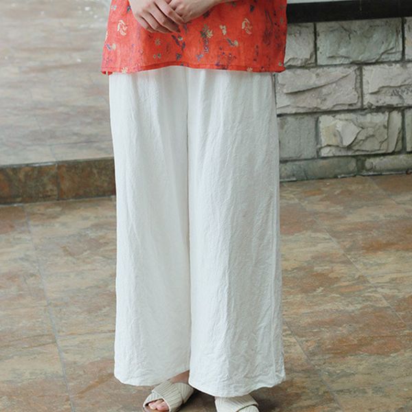 

johnature spring summer full length solid color pockets elastic waist wide leg pants leisure fashion all-match women pants 210521, Blue