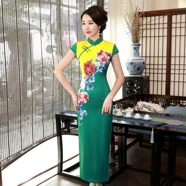 

ethnic clothing chinese traditional green women qipao spring long lady dress big size 3xl 4xl vestidso print flower vintage cheongsam s-44, Red