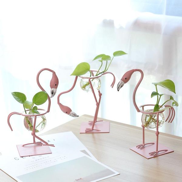 

vases creative hydroponic plant transparent vase flamingo metal frame coffee shop room home office deskdecor gift bonsai