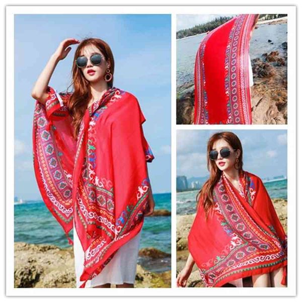 

cotton linen floral scarf multi-purpose large spring and autumn winter thin silk scarf women's versatile beach shawl beach, Blue;gray