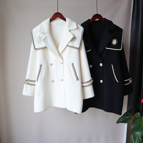 

women's trench coats double sided wool coat women 2021 fall winter sailor collar embroidered breasted midi temperament windbreaker, Tan;black