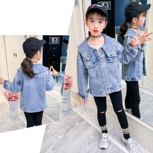 

spring autumn girls casual denim jackets fashion kids jeans coat outerwear with pearl collar teenager children clothes 4-13t, Blue;gray