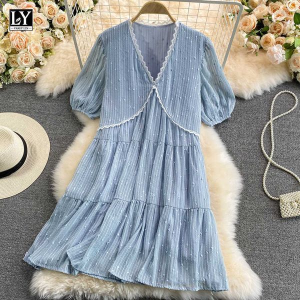 

ly varey lin summer women sweet v-neck puff sleeve high waist dresses casual lace solid color a-line office lady midi dress 210526, Black;gray