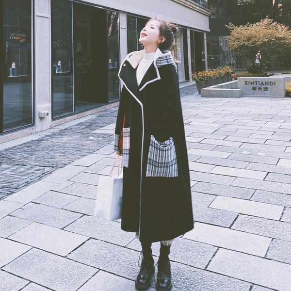 

women's wool & blends autumn winter women fashion splice plaid plus size hooded long faux coat female elegant korea woolen jacket overc, Black