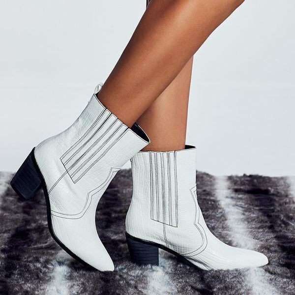 

boots 2021 women 7cm high heels fetish lady thick block low white luxury ankle prom chunky booties winter shoes, Black