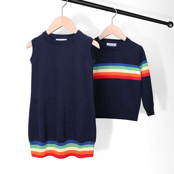 Regenbogen Gestreiften Kinder Pullover Bruder Schwester Frühling Herbst Kinder Kleidung Gestrickte Jungen Kleidung Pullover Baby Mädchen Kleid Y1024