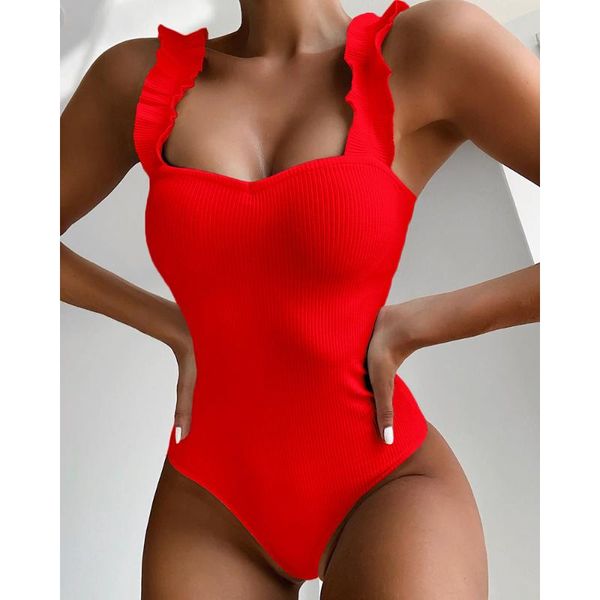 

one-piece suits 2021 female swimsuit vintage one piece ruffled push up solid red swimwear women monokini padded bathing thongs
