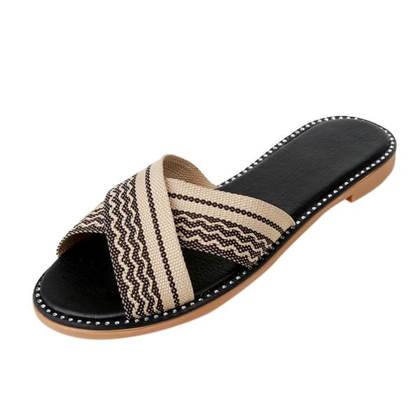 

fashion ladies slipper flat with shoes women's striped national style slippers cross-woven roman beach flip-flops, Black