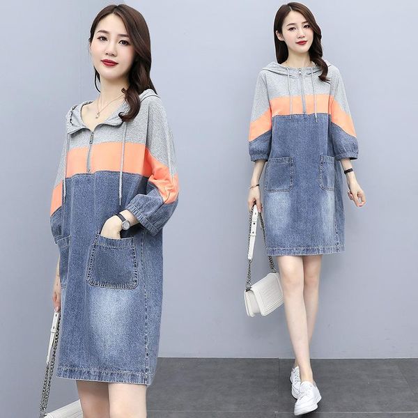 

casual dresses fashion denim stitching dress women's 2021 summer loose korean temperament 7-sleeve hooded, Black;gray