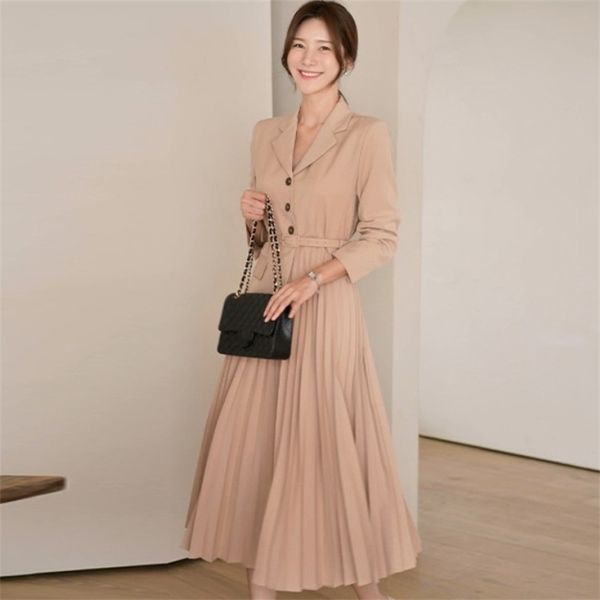 

women's spring elegant notched pleated dress temperament office ol work slim waist midi vestidos 210519, Black;gray