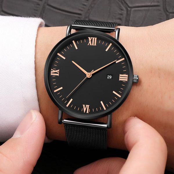 

wristwatches luxury ultra thin black fashion mens minimalist watches stainless steel mesh band watch men business casual analog quartz clock, Slivery;brown