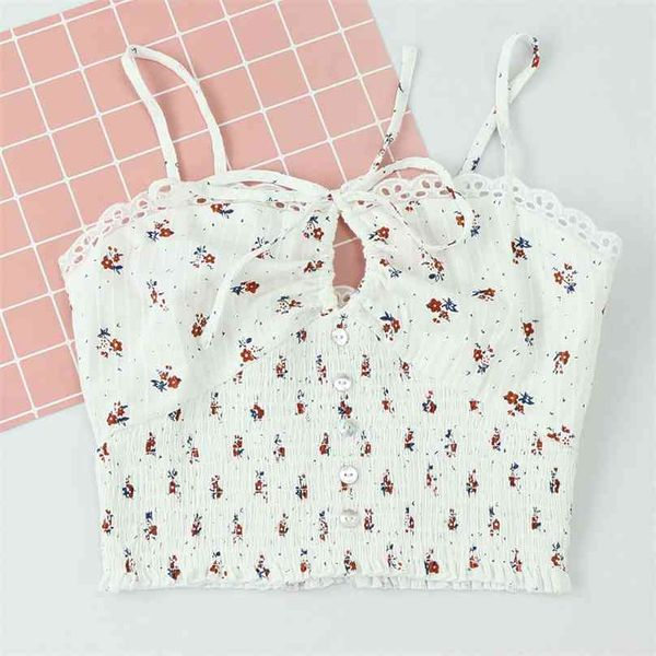 

women chic floral print waist elastic cropped camis fashion hollow out women slim spaghetti strap crop vadi  she in 210520, White