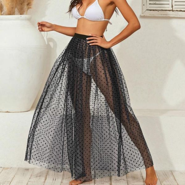 

women's swimwear see through mesh bikini cover ups skirts women polka dots sheer beach skirt holiday high elastic waist maxi, White;black