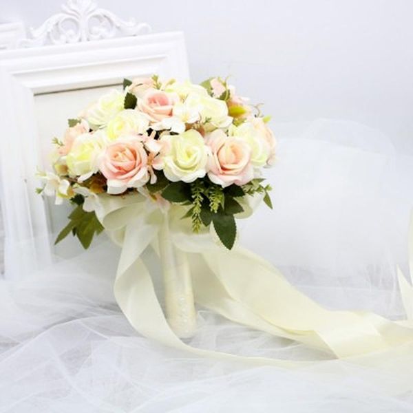 

wedding flowers holding artificial natural rose bouquet with silk satin ribbon pink white champagne bridesmaid bridal party