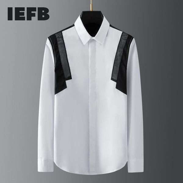 IEFB Moda Multi Posizione in Bianco e Nero Ad Alta Fibra di Maglia di Giunzione da Uomo Slime Trend Camicia Bianca Primavera Camicetta 9Y5609 210524