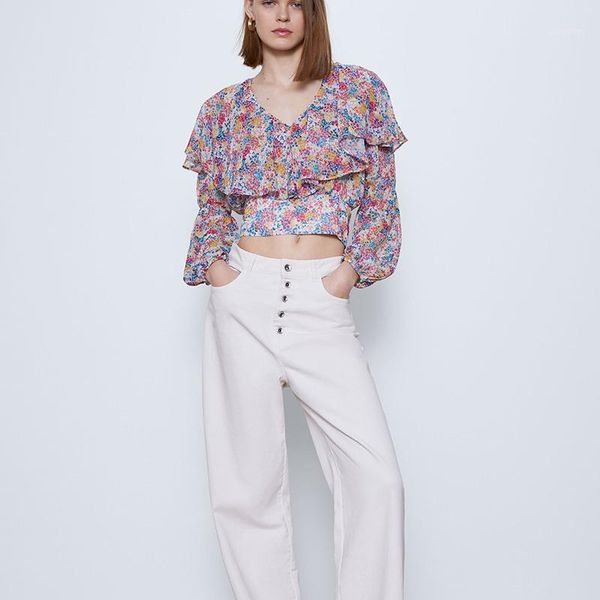 

summer floral chiffon shirts casual women long sleeves elegant printed pullover blouse female v neck vacation women's blouses &, White
