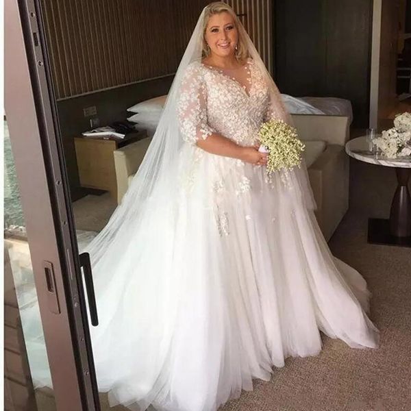 

gorgeous plus size wedding dresses with half sleeves lace applique beaded tulle sweep train custom made beach bridal gown vestido de novia, White