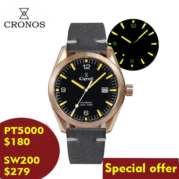 

wristwatches cronos men watch bronze cusn8 automatic pt5000 sapphire crystal black leather strap sterile customizable, Slivery;brown